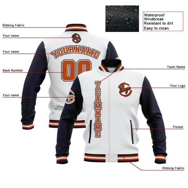 Benutzerdefiniert  Weiß Marine Orange Wasserdichte Varsity Jacken Personalisiert genäht Name Nummer Logo zu Letterman Jacken Schn?ppchen – Bild 4