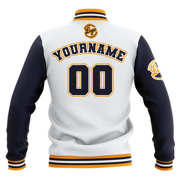 Benutzerdefiniert  Weiß Marine Gelb Wasserdichte Varsity Jacken Personalisiert genäht Name Nummer Logo zu Letterman Jacken Im Angebot – Bild 3
