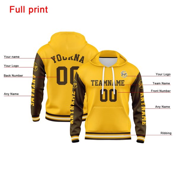 Benutzerdefiniert Braun Gelb Hoodie Personalisiert Männer Pullover Hoodie Gedruckt Team Name Number Logo für Frauen Zu verkaufen – Bild 2