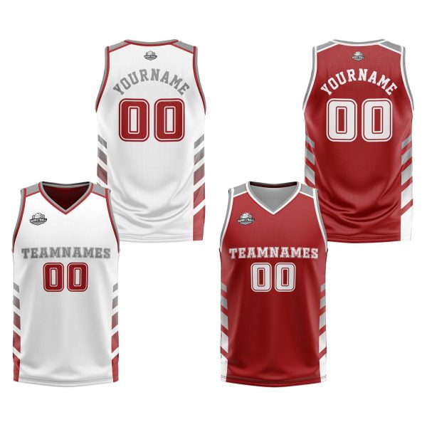 Benutzerdefinierte Weiß Rot Grau Reversible Basketball Jersey Personalisierte Print Name Nummer Logo Verkauf