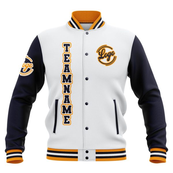 Benutzerdefiniert  Weiß Marine Gelb Wasserdichte Varsity Jacken Personalisiert genäht Name Nummer Logo zu Letterman Jacken Im Angebot – Bild 2