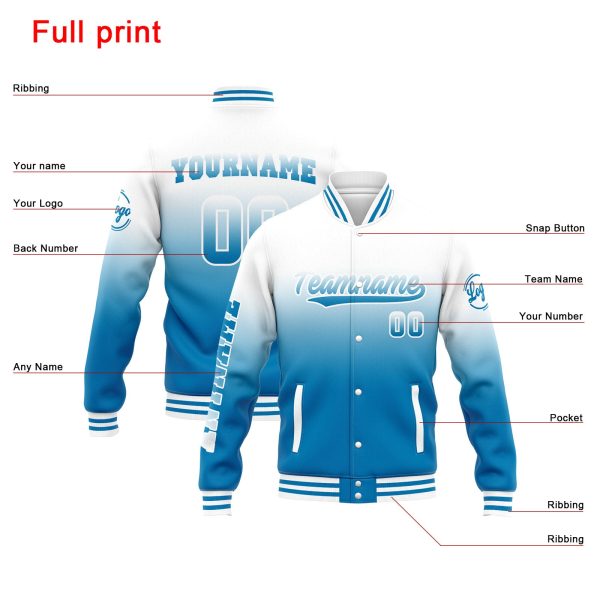 Benutzerdefinierte Varsity-Jacke. Letterman-Jacke für Männer, Frauen und Jugendliche  Weiß Blau Verlauf Zu verkaufen – Bild 4