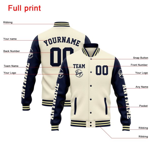 Benutzerdefinierte Varsity-Jacke. Letterman-Jacke für Männer, Frauen und Jugendliche Creme Marine Schn?ppchen – Bild 4