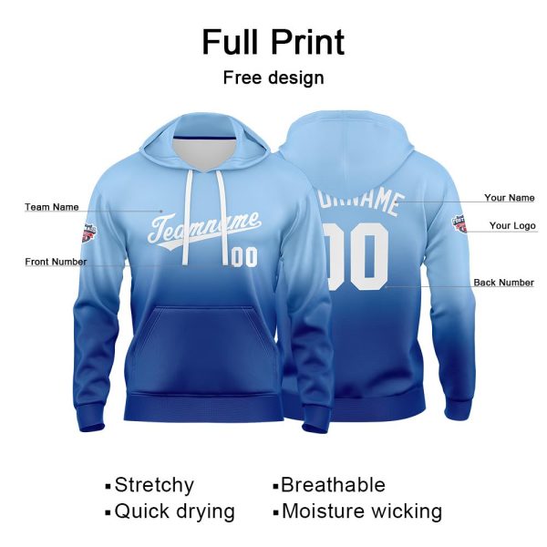 Benutzerdefinierter Verlauf Hoodie für Mann, Frau, Mädchen, Junge. Drucken Sie Ihr Logo, Ihren Namen und Ihre Nummer Hellblau Weiß Angebot – Bild 2