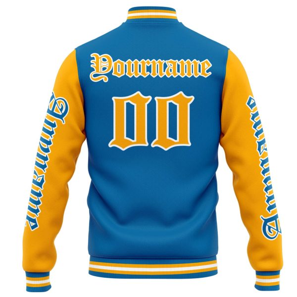Benutzerdefinierte Varsity-Jacke. Letterman-Jacke für Männer, Frauen und Jugendliche Blau Orange Im Angebot – Bild 3