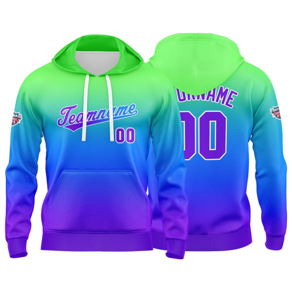 Benutzerdefinierter Verlauf Hoodie für Mann, Frau, Mädchen, Junge. Drucken Sie Ihr Logo, Ihren Namen und Ihre Nummer Grün Blau Lila Im Angebot