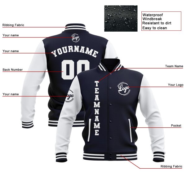 Benutzerdefiniert Marine Weiß Wasserdichte Varsity Jacken Personalisiert genäht Name Nummer Logo zu Letterman Jacken Online-Verkauf – Bild 4