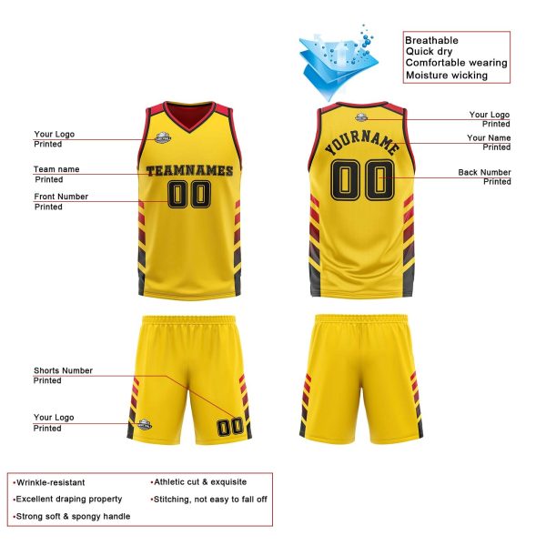 Benutzerdefinierte Gelb Rot Schwarz Reversible Basketball Jersey Personalisierte Print Name Nummer Logo Angebot – Bild 4