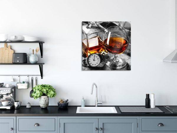 Man Things mit Whiskey und Uhr, Glasbild Quadratisch Online-Schn?ppchen – Bild 3