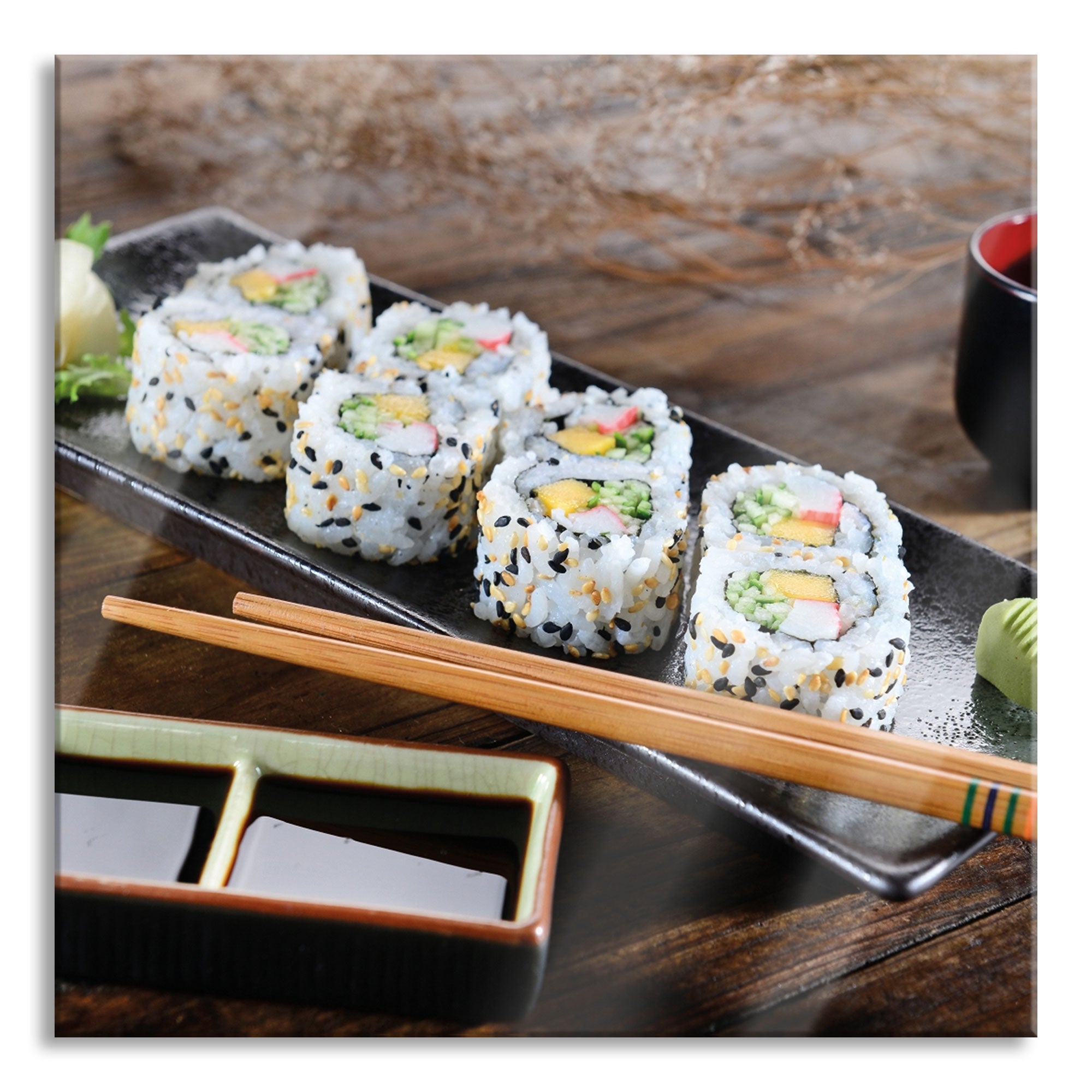 Delikate Inside Out Sushi Rollen, Glasbild Quadratisch Mode