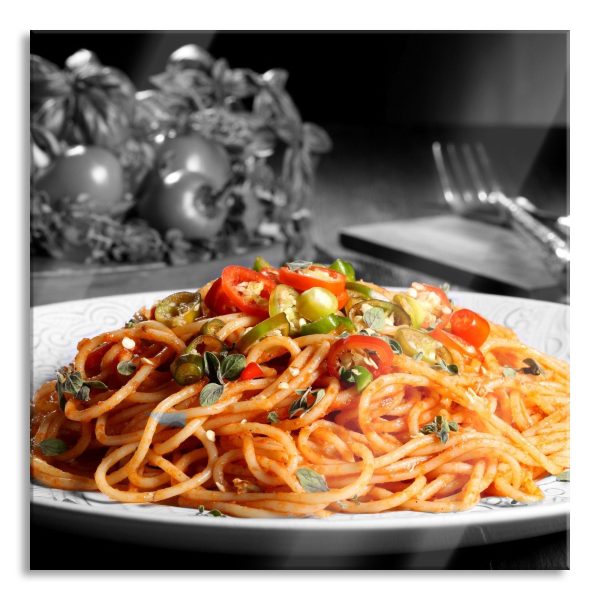 schmackhafte Spaghetti Italia, Glasbild Quadratisch Rabatt