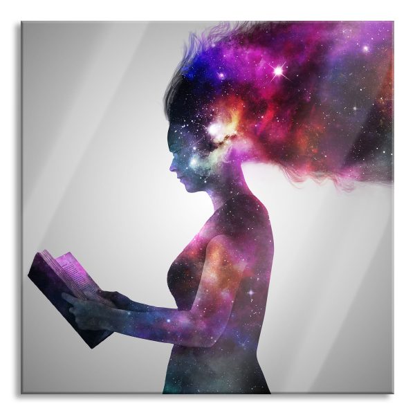 abstrakte Frau mit Buch, Glasbild Quadratisch Schn?ppchen