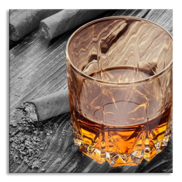 Zigarren hinter Whiskeyglas, Glasbild Quadratisch Online-Verkauf