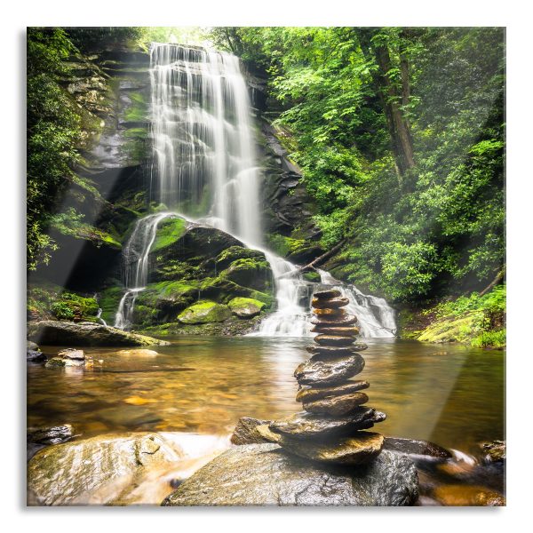 Zen Steine vor Wasserfall, Glasbild Quadratisch Zu verkaufen