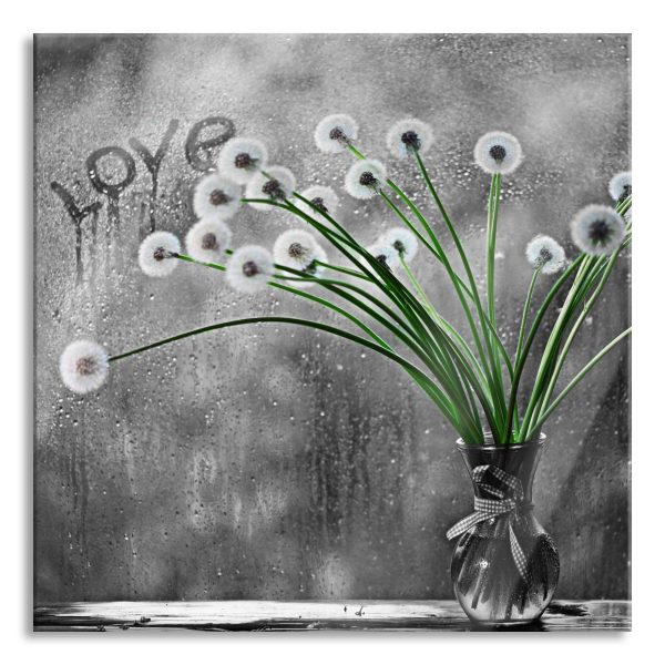 Pusteblumen bei Regen, Glasbild Quadratisch Zu verkaufen