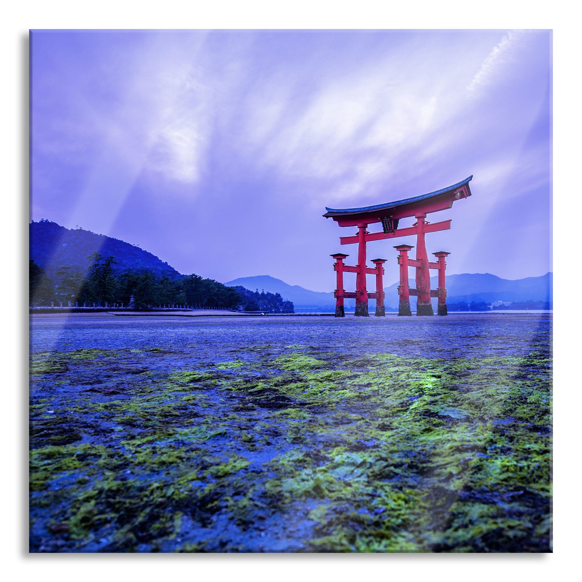 Torii in Hiroshima Japan, Glasbild Quadratisch Rabatt