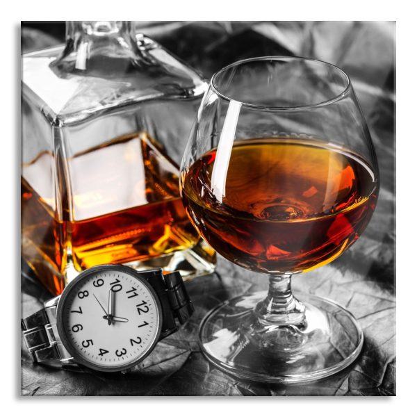 Man Things mit Whiskey und Uhr, Glasbild Quadratisch Online-Schn?ppchen