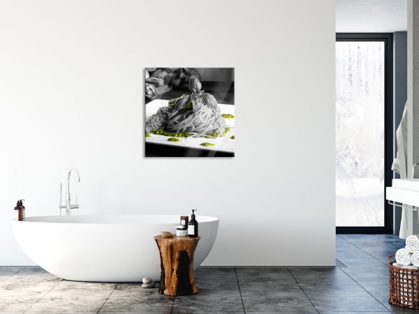 Spaghetti mit Pesto und Basilikum, Glasbild Quadratisch Zu verkaufen – Bild 4