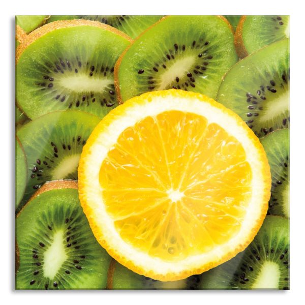 Orange verirrt in Kiwi Scheiben, Glasbild Quadratisch Verkauf