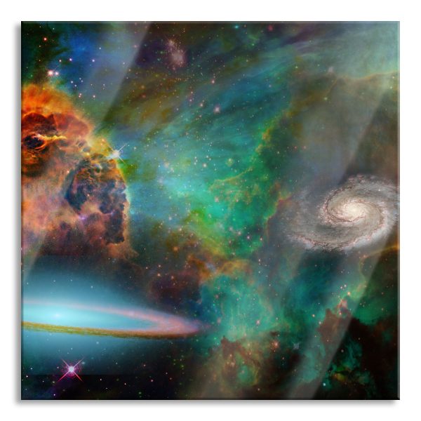 Galaxie mit Sternennebel, Glasbild Quadratisch Im Angebot