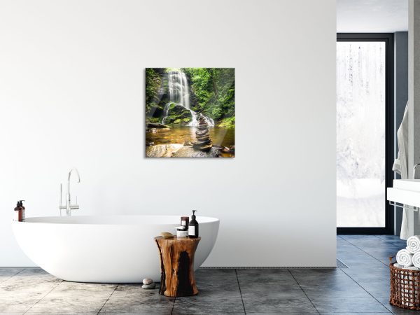 Zen Steine vor Wasserfall, Glasbild Quadratisch Zu verkaufen – Bild 4