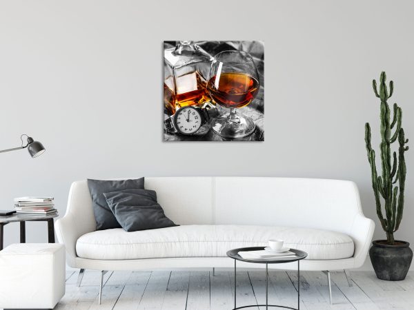 Man Things mit Whiskey und Uhr, Glasbild Quadratisch Online-Schn?ppchen – Bild 2
