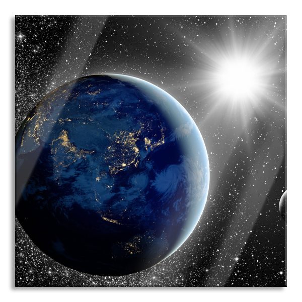 Erde mit Sonne im Weltall, Glasbild Quadratisch Rabatt