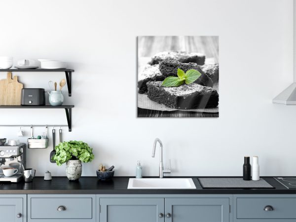 köstlicher Brownie mit Minze, Glasbild Quadratisch Im Angebot – Bild 3