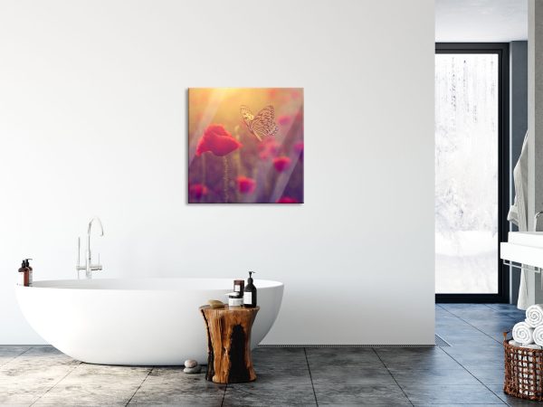 Mohn und Schmetterling, Glasbild Quadratisch Online-Verkauf – Bild 4