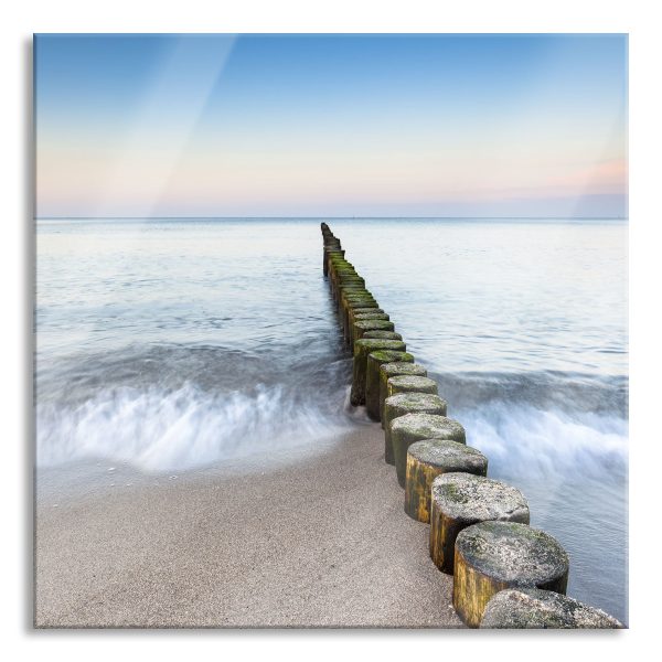 Baumstümpfe die ins Meer führen, Glasbild Quadratisch Schn?ppchen