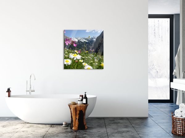 Wunderschöne Blumen Alpenwiese, Glasbild Quadratisch Online-Verkauf – Bild 4