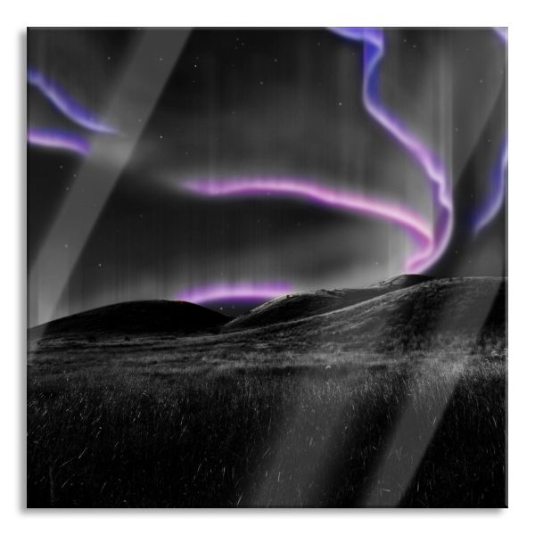 Polarlichter über Hügeln, Glasbild Quadratisch Verkauf