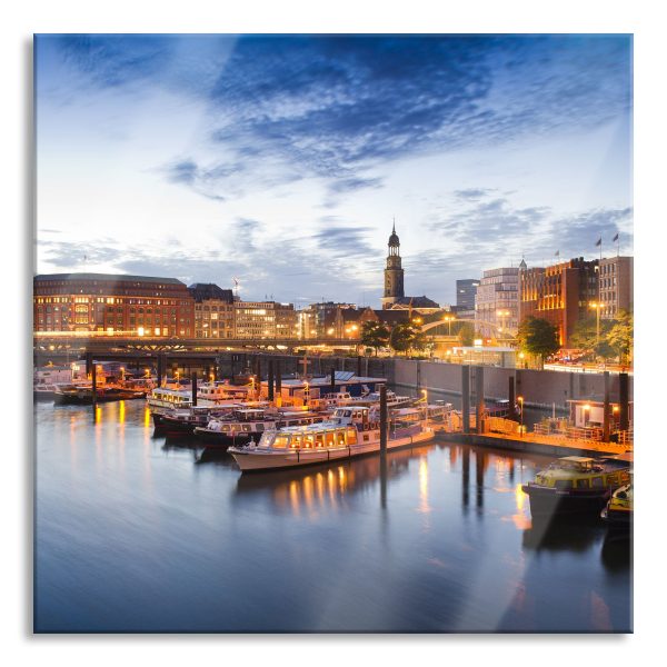 Hamburger Hafen am Abend, Glasbild Quadratisch Online