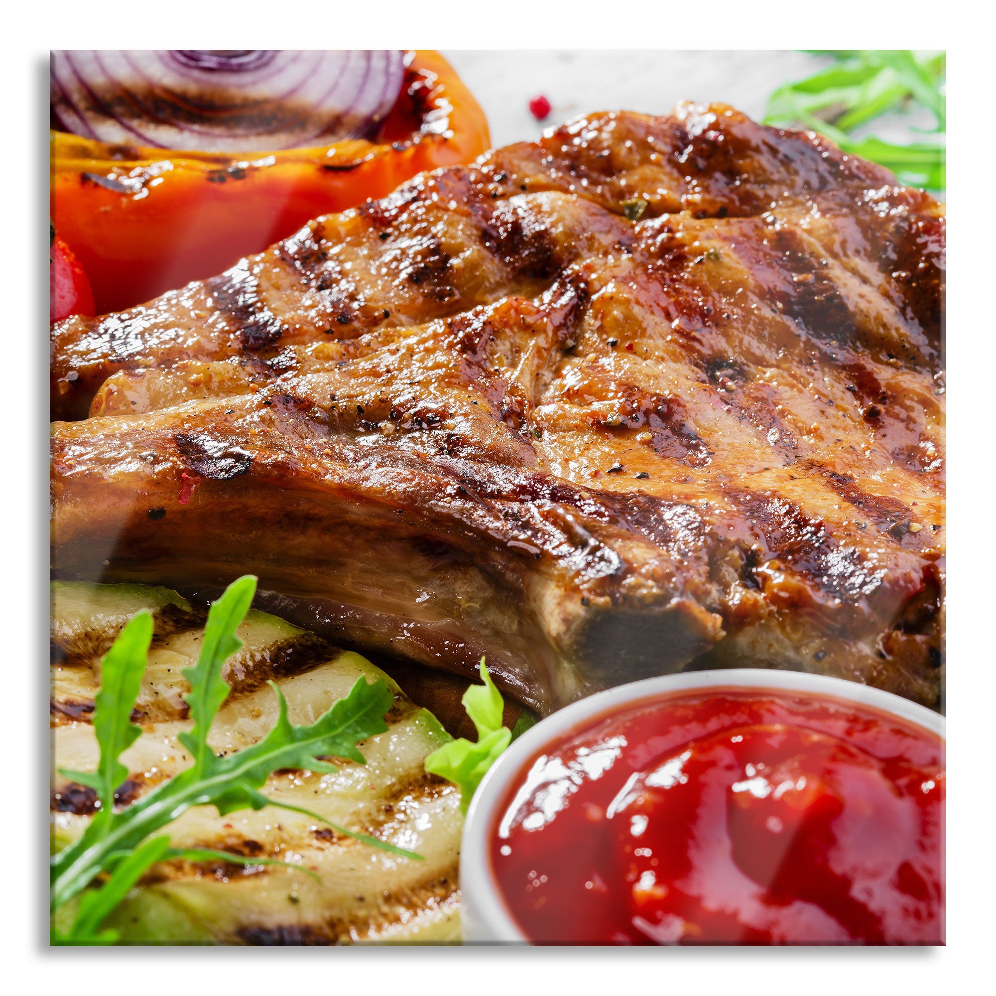 Gegrilltes Steak, Glasbild Quadratisch Rabatt