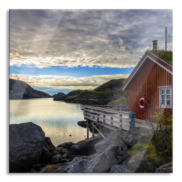 Sonnenaufgang am Fjord Norwegens, Glasbild Quadratisch Verkauf