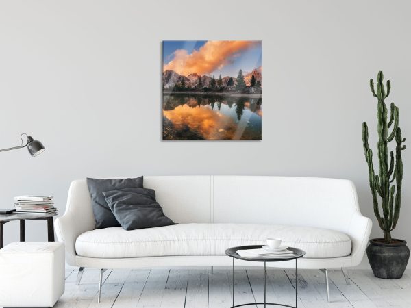 bunte Dolomiten am See Limides, Glasbild Quadratisch Online-Verkauf – Bild 2