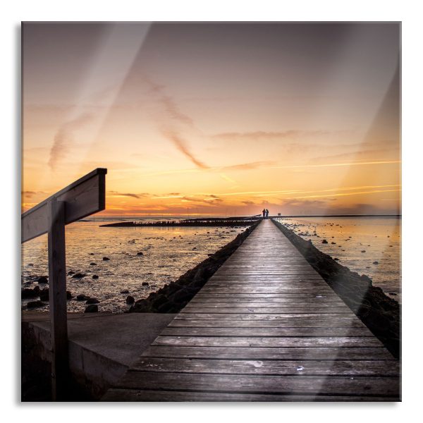 langer Steg an der Nordsee, Glasbild Quadratisch Schn?ppchen