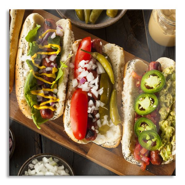 Amerikanische Hotdogs, Glasbild Quadratisch Im Angebot
