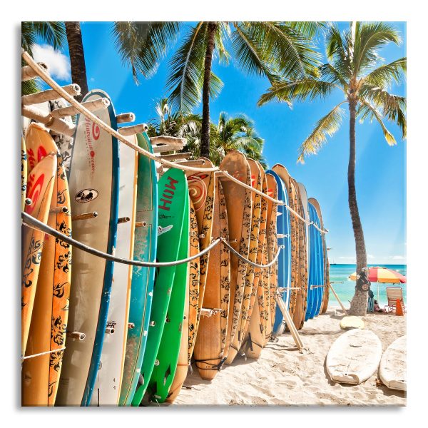 Surfboards am Strand, Glasbild Quadratisch Mode