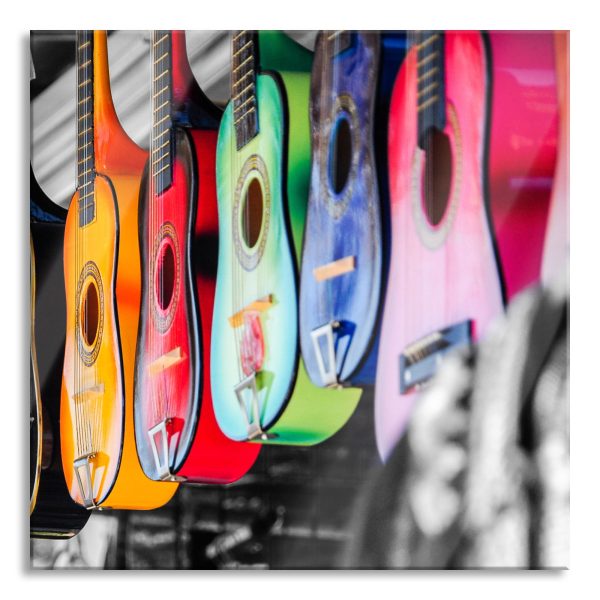 klassische Gitarren auf dem Markt, Glasbild Quadratisch Rabatt