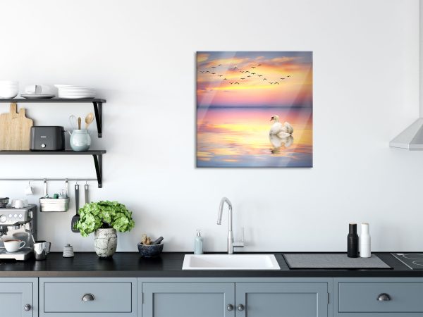 Schwan bei Sonnenuntergang, Glasbild Quadratisch Verkauf – Bild 3