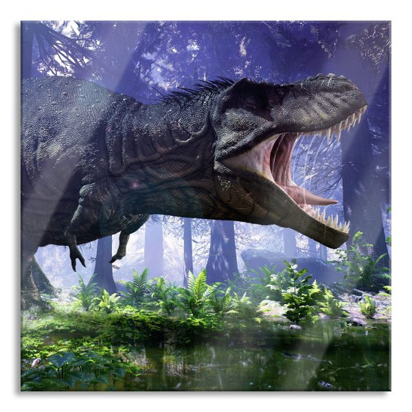 T-Rex Dinosaurier im Wald, Glasbild Quadratisch Angebot