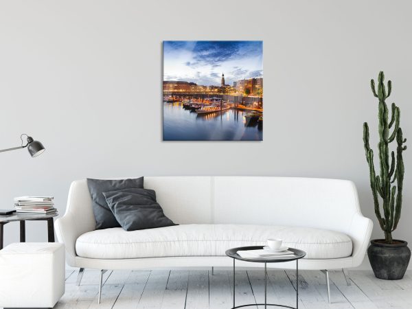 Hamburger Hafen am Abend, Glasbild Quadratisch Online – Bild 2