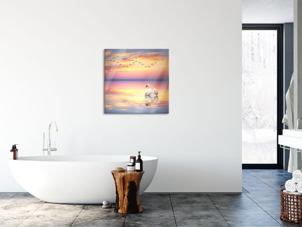 Schwan bei Sonnenuntergang, Glasbild Quadratisch Verkauf – Bild 4