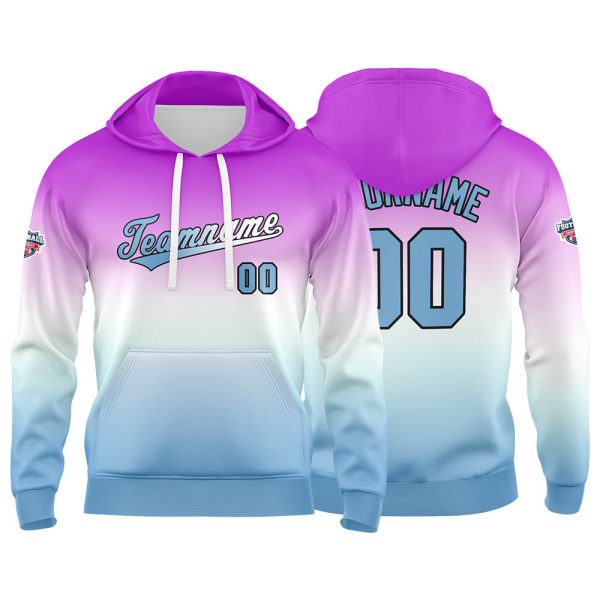 Benutzerdefinierter Verlauf Hoodie für Mann, Frau, Mädchen, Junge. Drucken Sie Ihr Logo, Ihren Namen und Ihre Nummer Lila Weiß Angebot