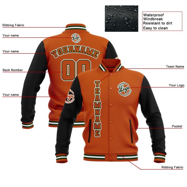 Benutzerdefiniert  Schwarz Orange Grün Wasserdichte Varsity Jacken Personalisiert genäht Name Nummer Logo zu Letterman Jacken Mode – Bild 4