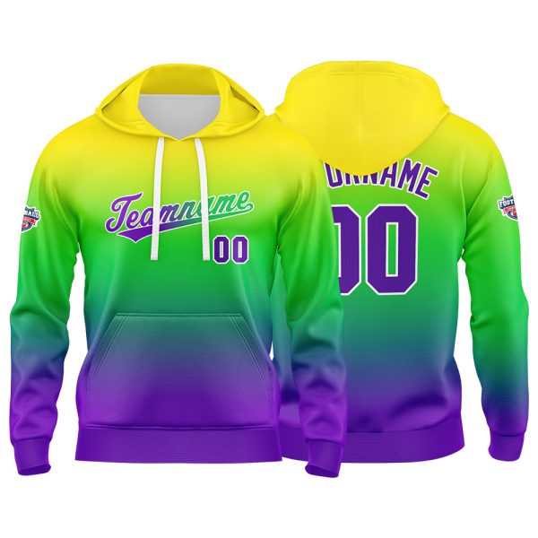 Benutzerdefinierter Verlauf Hoodie für Mann, Frau, Mädchen, Junge. Drucken Sie Ihr Logo, Ihren Namen und Ihre Nummer Gelb Grün Blau Online-Schn?ppchen