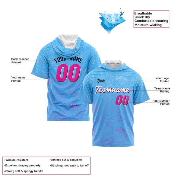 Benutzerdefinierte Hellblau Rosa Kurzarm-Kapuzenpullover für Männer Frauen Hemden mit Kapuzen gedruckt Name Logo Angebot – Bild 2