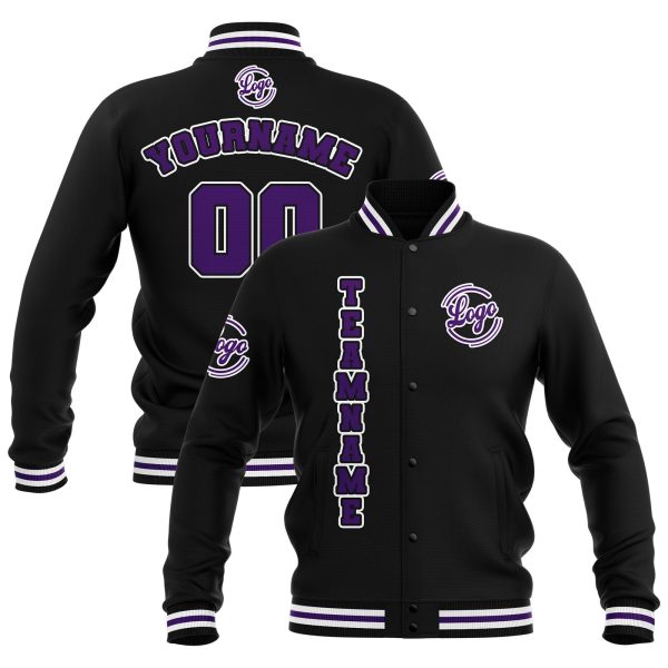 Benutzerdefiniert  Schwarz Lila Weiß Wasserdichte Varsity Jacken Personalisiert genäht Name Nummer Logo zu Letterman Jacken Schn?ppchen