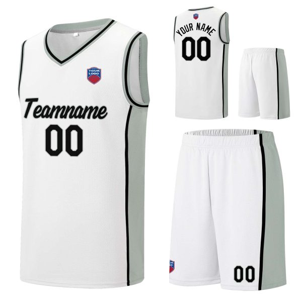 Individuelle Basketball-Jersey-Shorts für Männer und Frauen. Gestickter und gedruckter Name, Nummer und Logo Weiß&Grau Verkauf – Bild 3